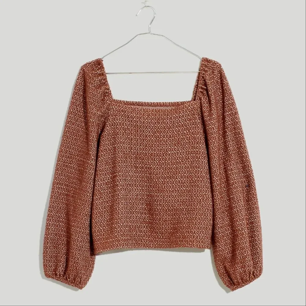 Madewell Jacquard Knit Square Neck Puff-Sleeve Cropped Textured Sweater Blouse M